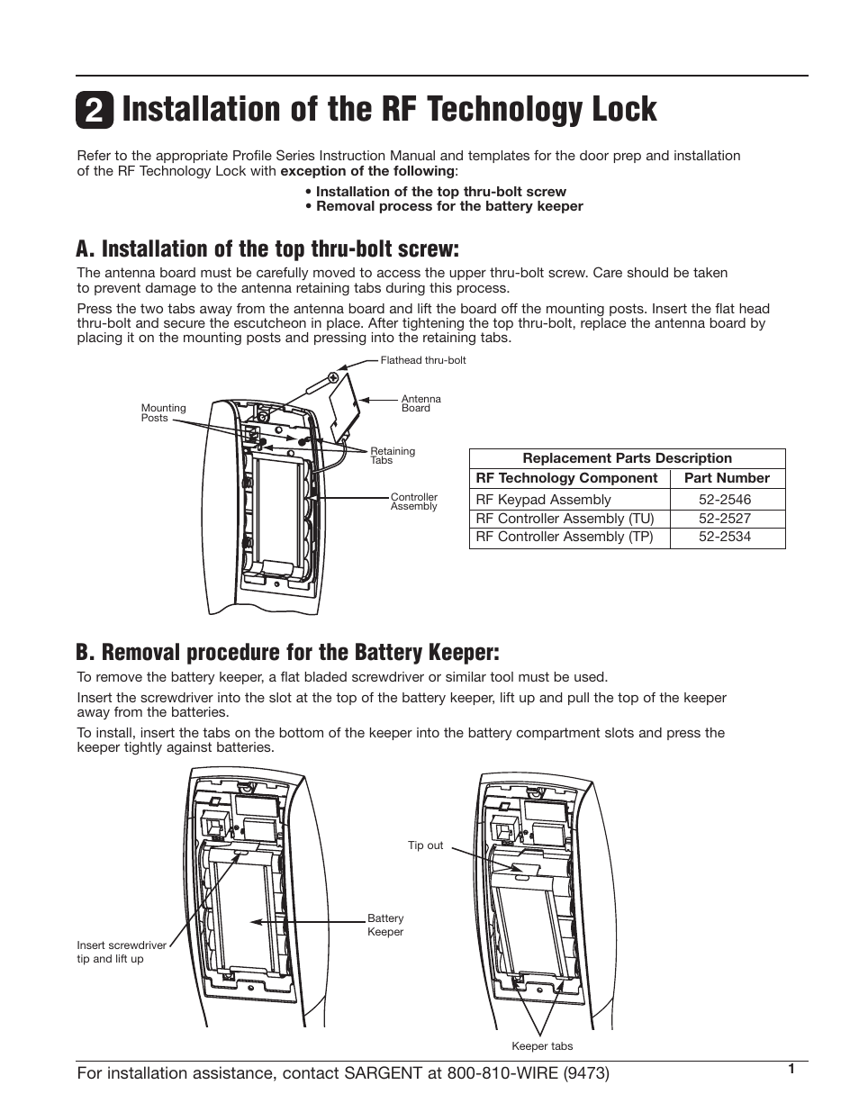 Installation of the rf technology lock 2, A. installation of the top thru-bolt screw, B. removal procedure for the battery keeper | SARGENT Profile Series Cylindrical Locks User Manual | Page 3 / 8