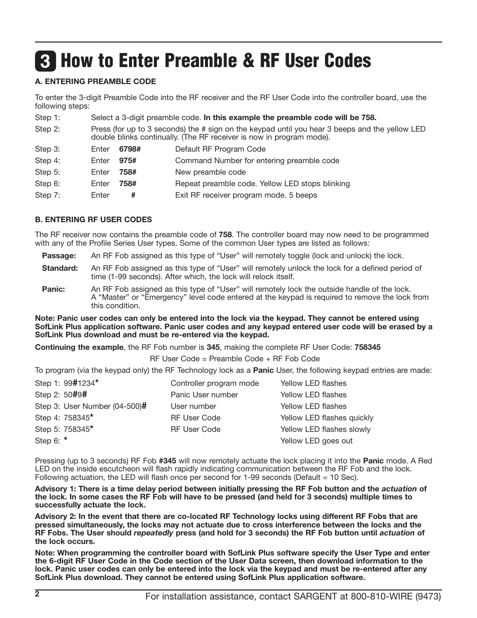 How to enter preamble & rf user codes 3 | SARGENT Profile Series Cylindrical Locks User Manual | Page 4 / 8