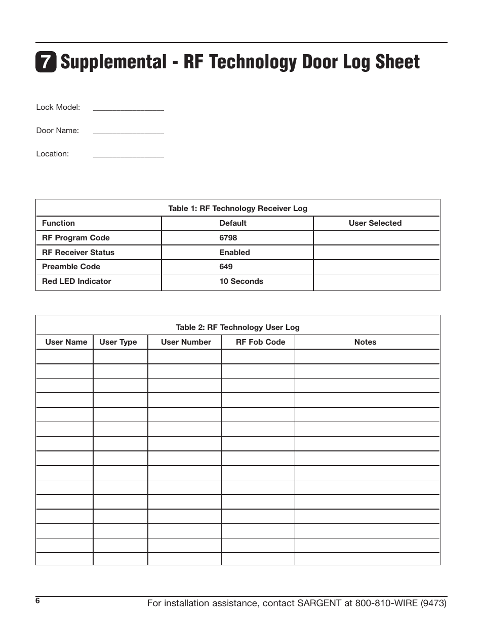 Supplemental - rf technology door log sheet 7 | SARGENT Profile Series Cylindrical Locks User Manual | Page 8 / 8