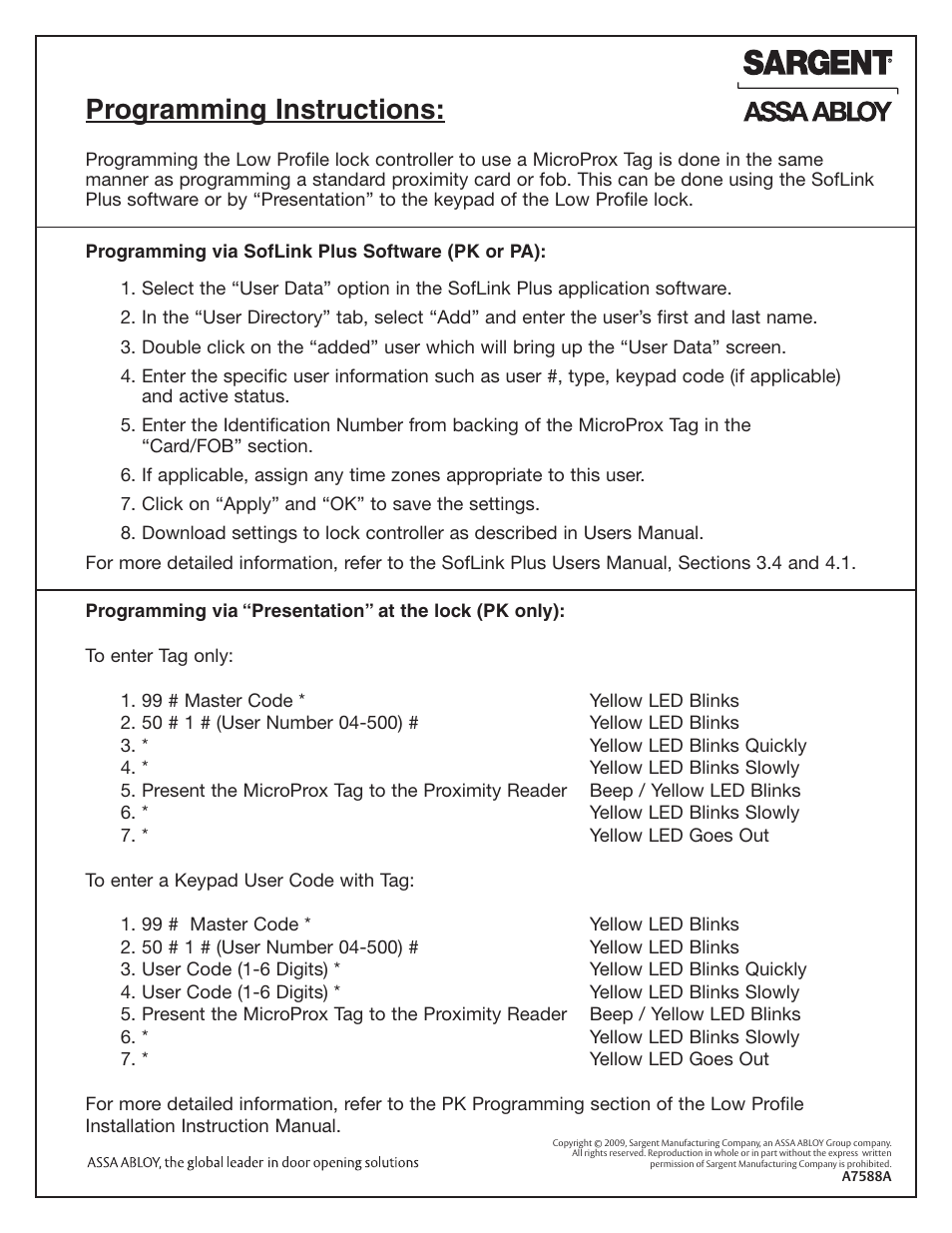 Programming instructions | SARGENT Profile Series Cylindrical Locks User Manual | Page 2 / 2