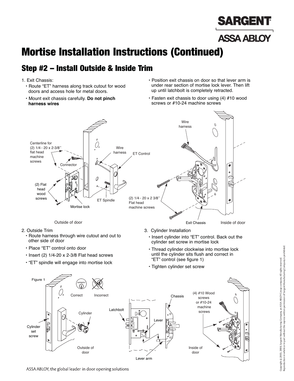 Mortise installation instructions (continued), Step #2 – install outside & inside trim, Profile series exit device | SARGENT Profile Series Exit Devices User Manual | Page 11 / 28