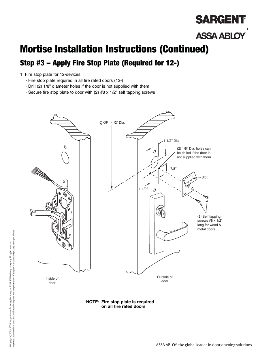 Mortise installation instructions (continued), Step #3 – apply fire stop plate (required for 12-), Profile series exit device | SARGENT Profile Series Exit Devices User Manual | Page 12 / 28