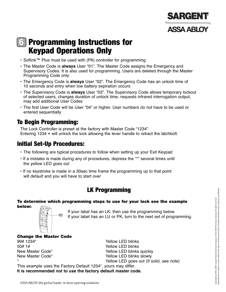 Initial set-up procedures, Lk programming, Profile series exit device | SARGENT Profile Series Exit Devices User Manual | Page 15 / 28