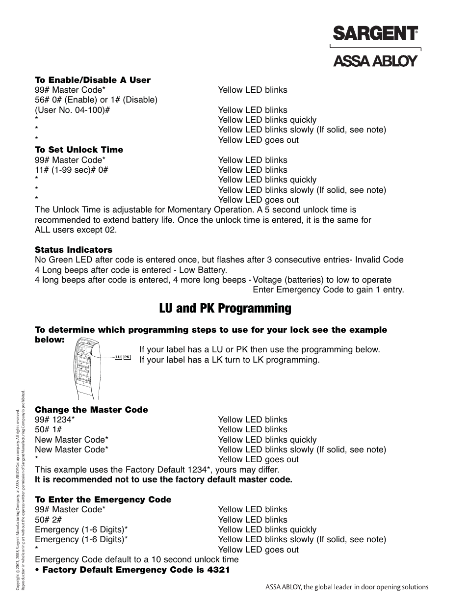 Lu and pk programming, Profile series exit device | SARGENT Profile Series Exit Devices User Manual | Page 18 / 28