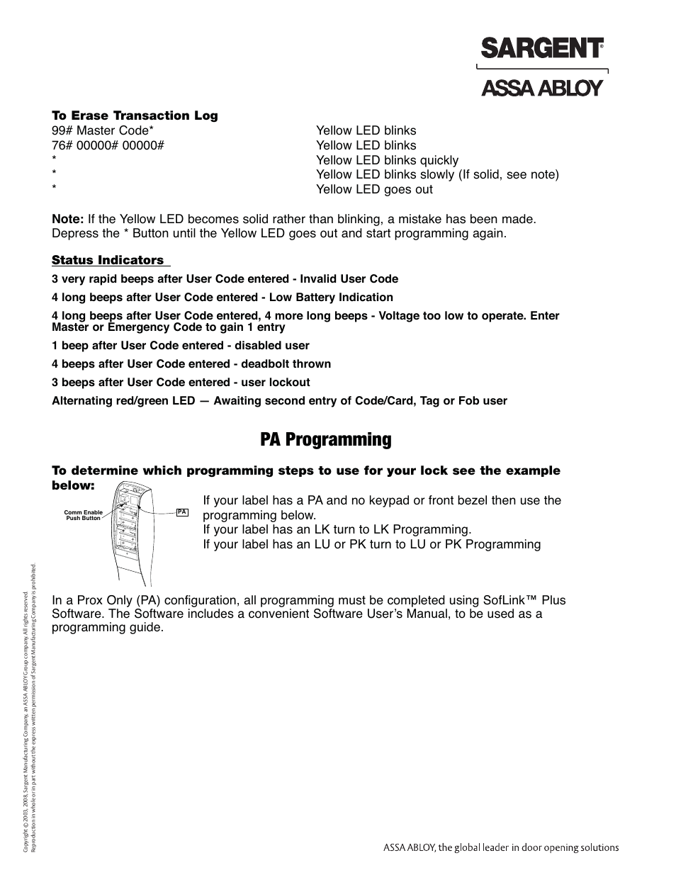Pa programming, Profile series exit device | SARGENT Profile Series Exit Devices User Manual | Page 22 / 28