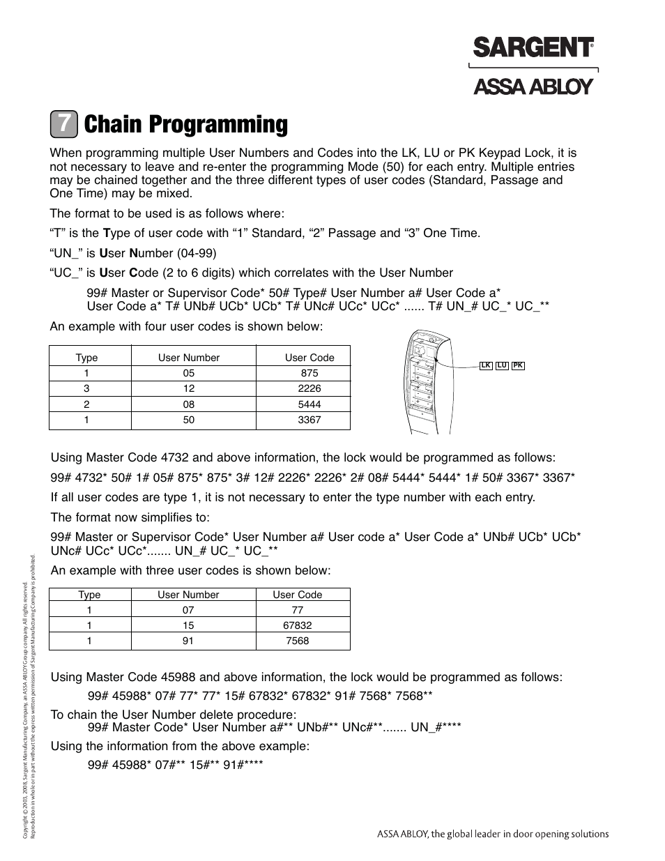 Chain programming 7, Profile series exit device | SARGENT Profile Series Exit Devices User Manual | Page 24 / 28