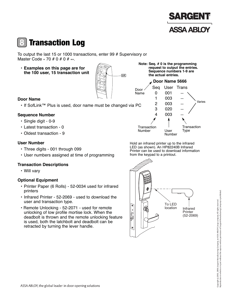Transaction log 8, Profile series exit device | SARGENT Profile Series Exit Devices User Manual | Page 25 / 28