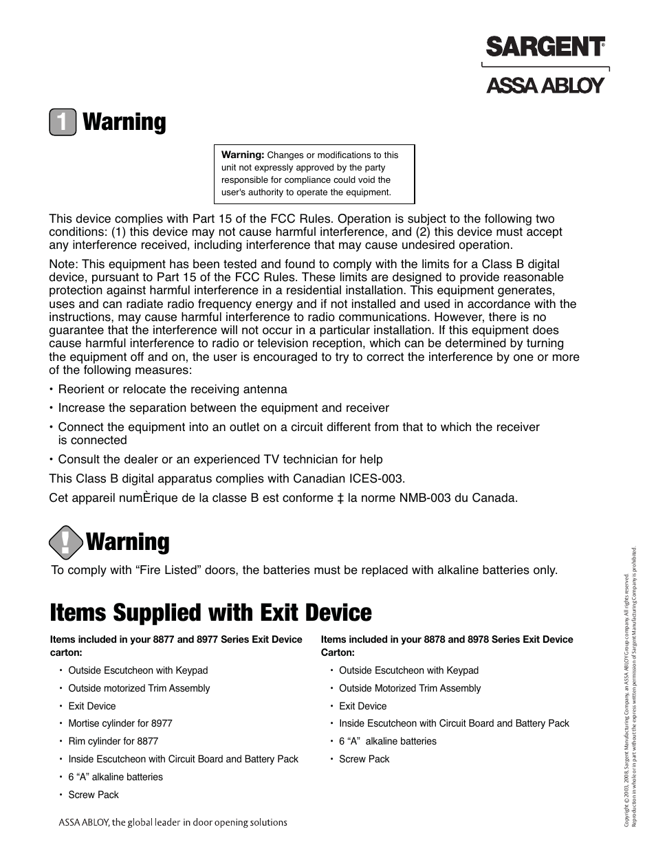 Warning 1, Warning, Items supplied with exit device | Profile series exit device | SARGENT Profile Series Exit Devices User Manual | Page 3 / 28