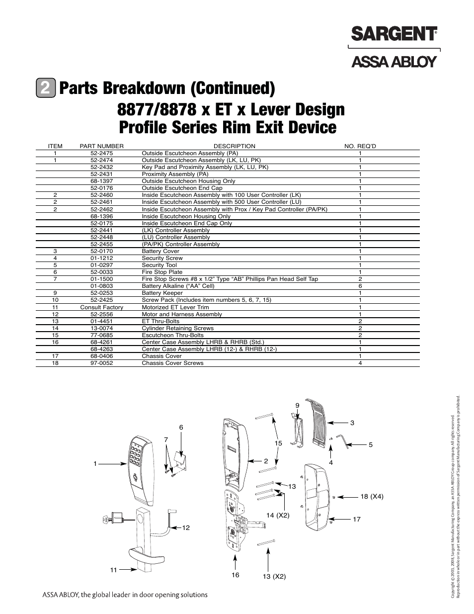 Parts breakdown (continued) 2, Profile series exit device | SARGENT Profile Series Exit Devices User Manual | Page 5 / 28