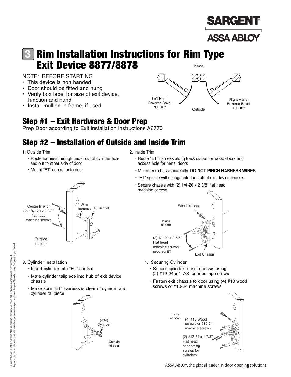 Step #1 – exit hardware & door prep, Step #2 – installation of outside and inside trim, Profile series exit device | SARGENT Profile Series Exit Devices User Manual | Page 6 / 28