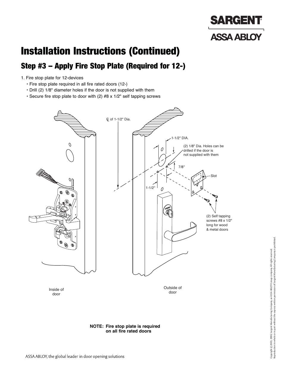 Installation instructions (continued), Step #3 – apply fire stop plate (required for 12-), Profile series exit device | SARGENT Profile Series Exit Devices User Manual | Page 7 / 28