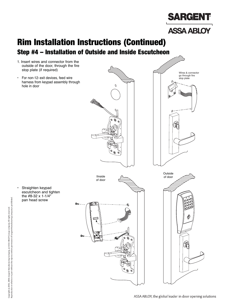 Rim installation instructions (continued), Profile series exit device | SARGENT Profile Series Exit Devices User Manual | Page 8 / 28