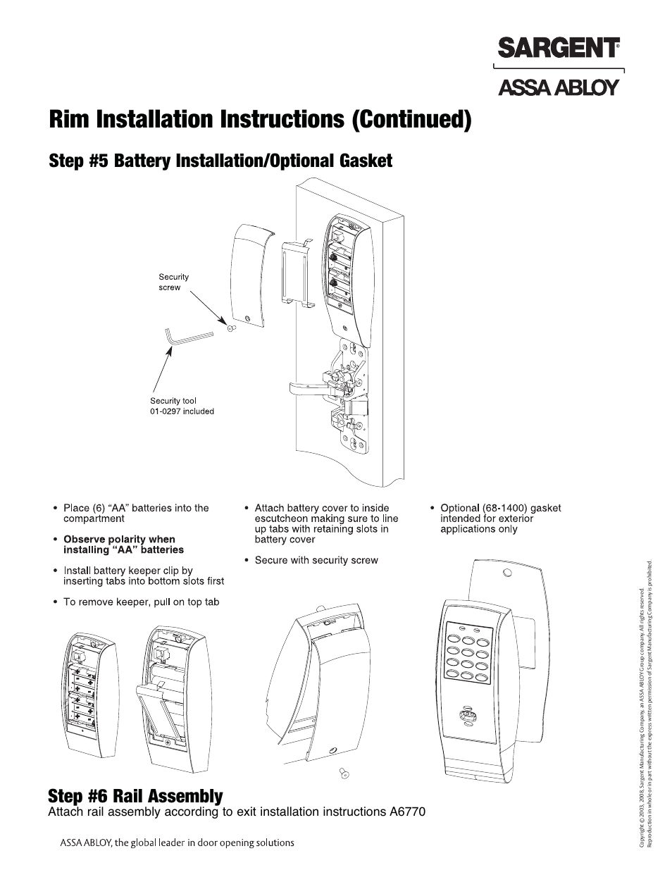 Rim installation instructions (continued), Step #5 battery installation/optional gasket, Step #6 rail assembly | Profile series exit device | SARGENT Profile Series Exit Devices User Manual | Page 9 / 28