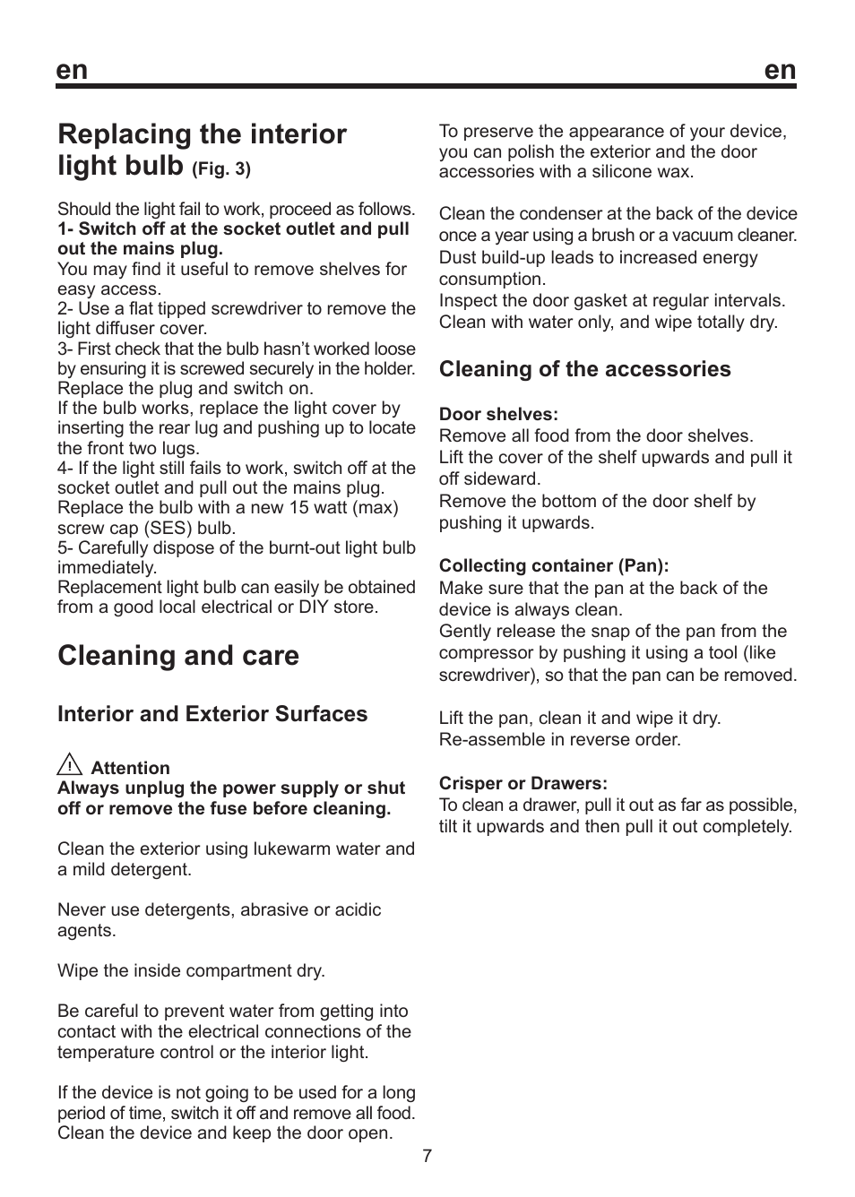 En replacing the interior light bulb, Cleaning and care | Beko D 8300 SM User Manual | Page 11 / 14