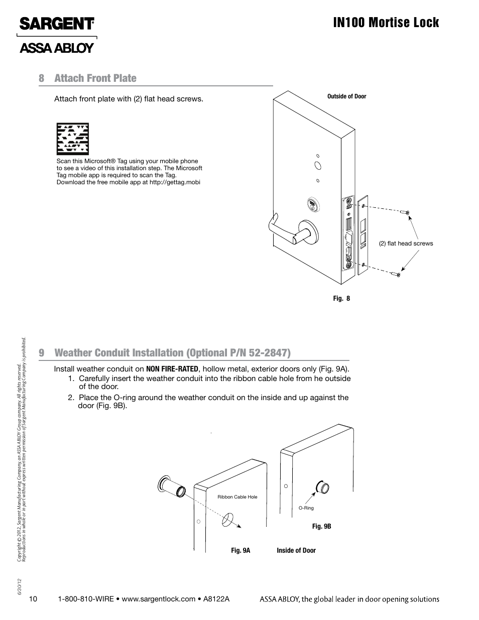 In100 mortise lock, 8 attach front plate | SARGENT IN100 Mortise Locks User Manual | Page 10 / 20