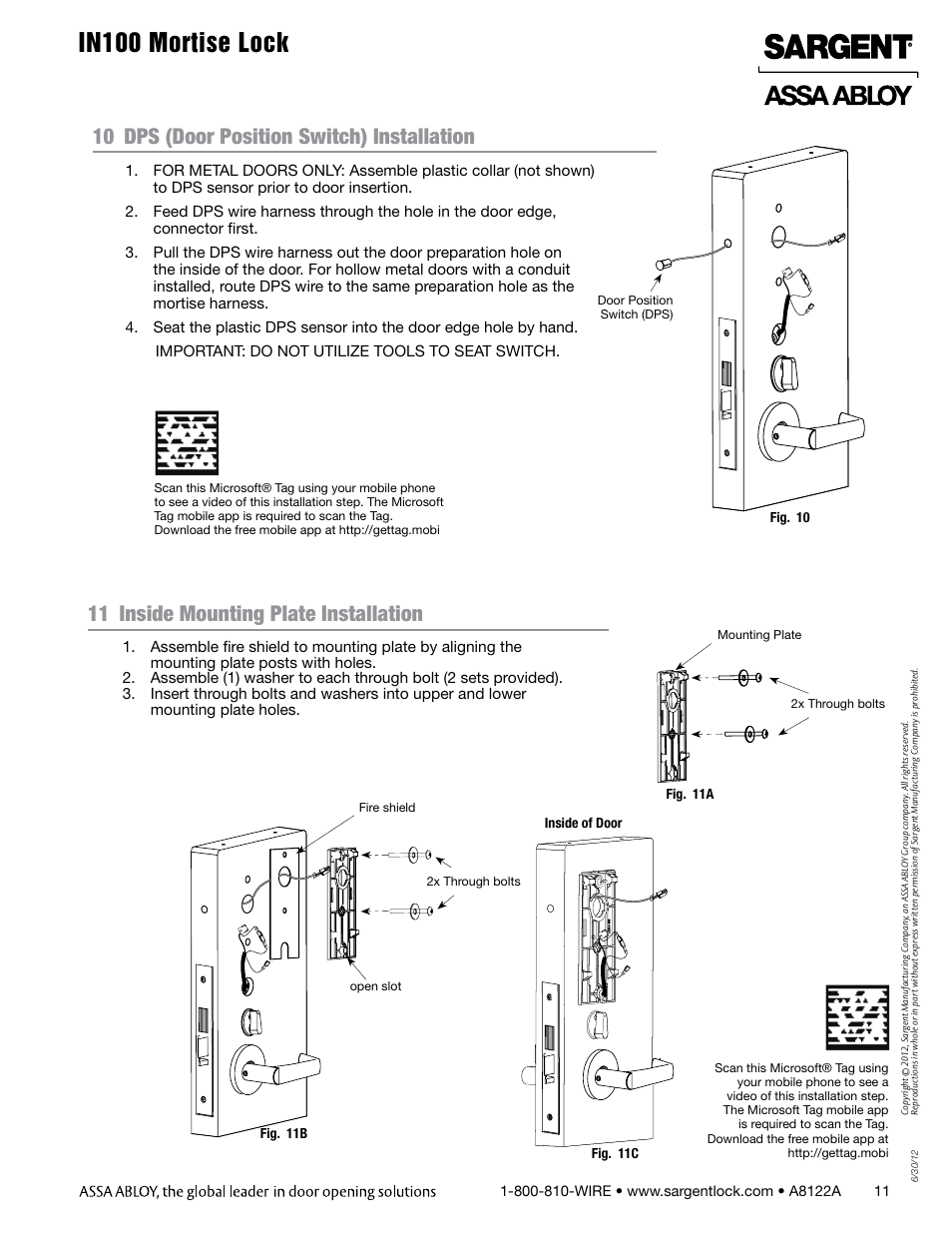 In100 mortise lock, 10 dps (door position switch) installation, 11 inside mounting plate installation | SARGENT IN100 Mortise Locks User Manual | Page 11 / 20