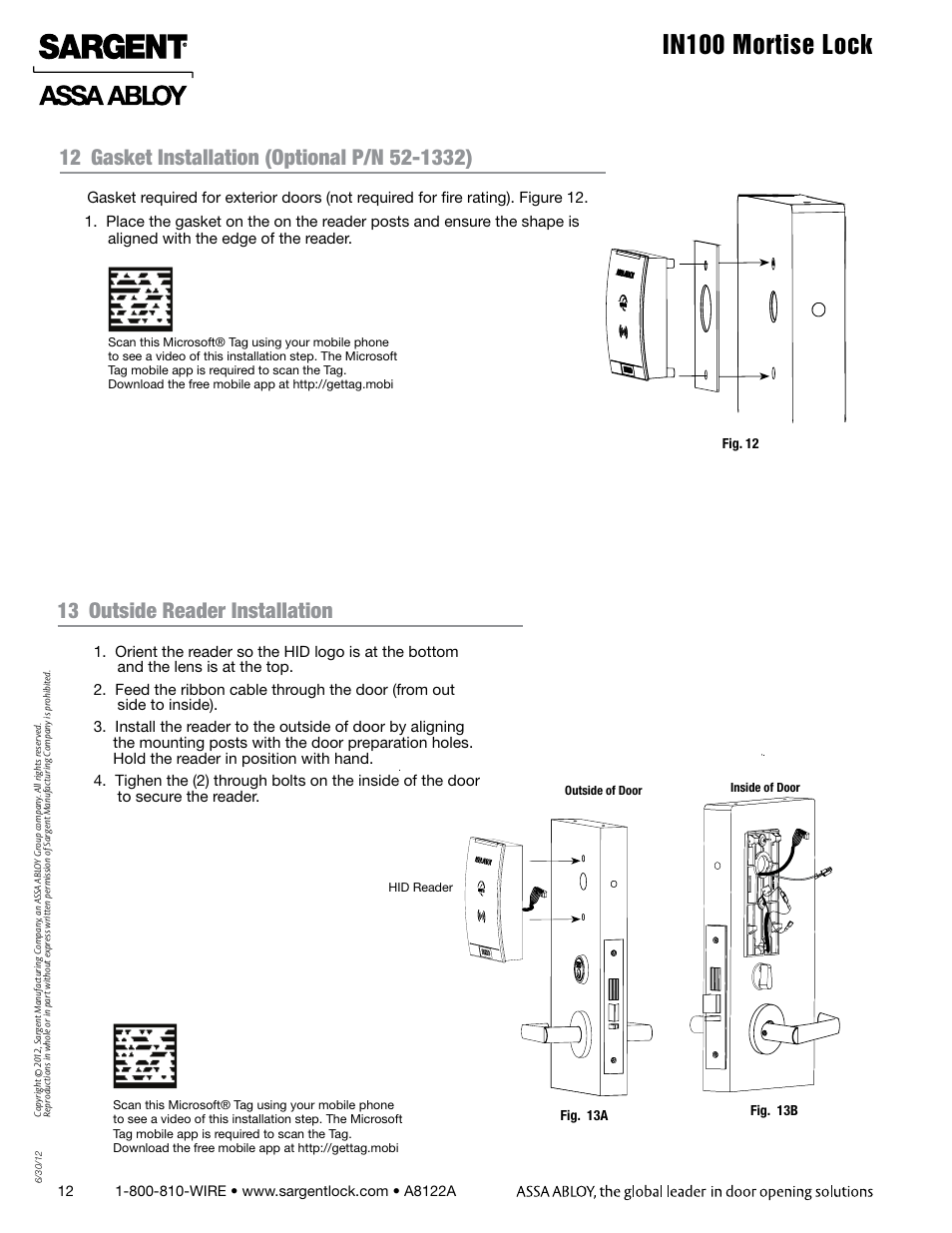 In100 mortise lock, 13 outside reader installation | SARGENT IN100 Mortise Locks User Manual | Page 12 / 20