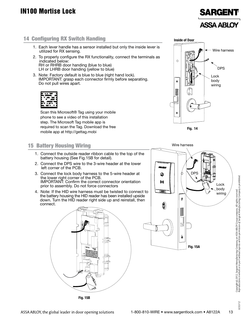 In100 mortise lock, 14 configuring rx switch handing, 15 battery housing wiring | SARGENT IN100 Mortise Locks User Manual | Page 13 / 20