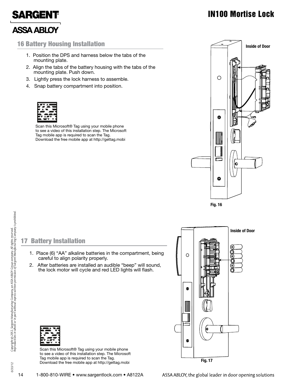 In100 mortise lock, 16 battery housing installation, 17 battery installation | SARGENT IN100 Mortise Locks User Manual | Page 14 / 20