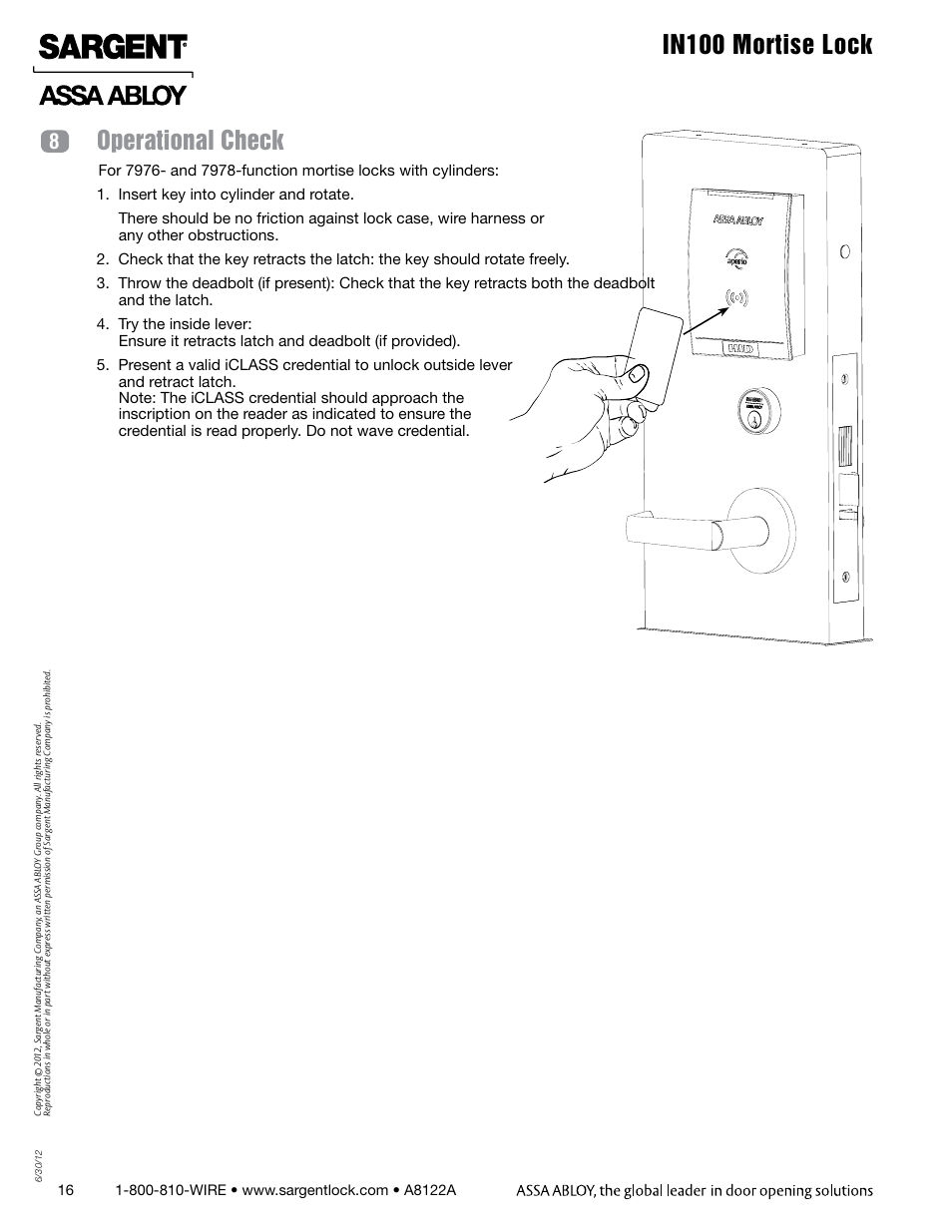 In100 mortise lock, Operational check | SARGENT IN100 Mortise Locks User Manual | Page 16 / 20