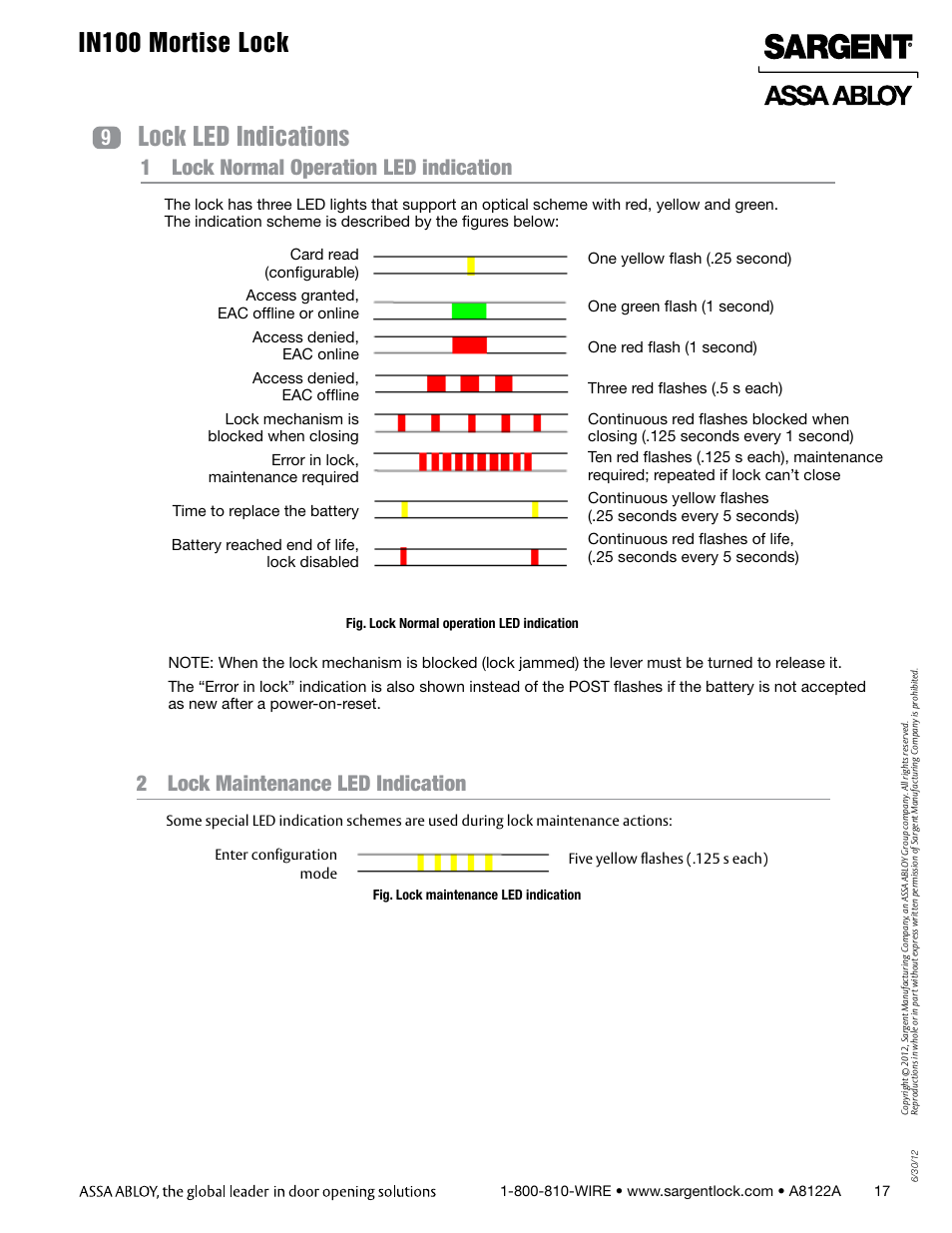 In100 mortise lock, Lock led indications | SARGENT IN100 Mortise Locks User Manual | Page 17 / 20