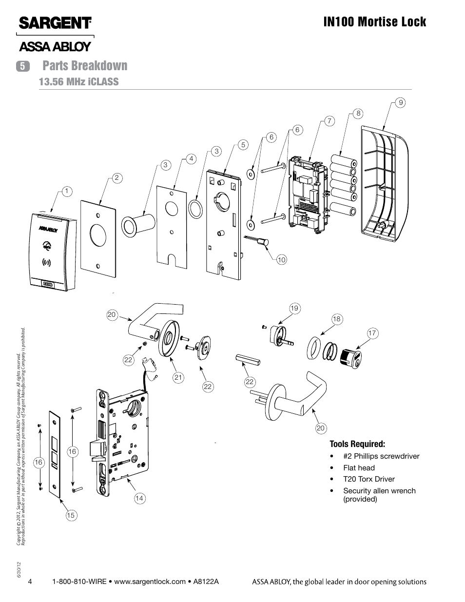 In100 mortise lock parts breakdown, 56 mhz iclass 5, Tools required | SARGENT IN100 Mortise Locks User Manual | Page 4 / 20