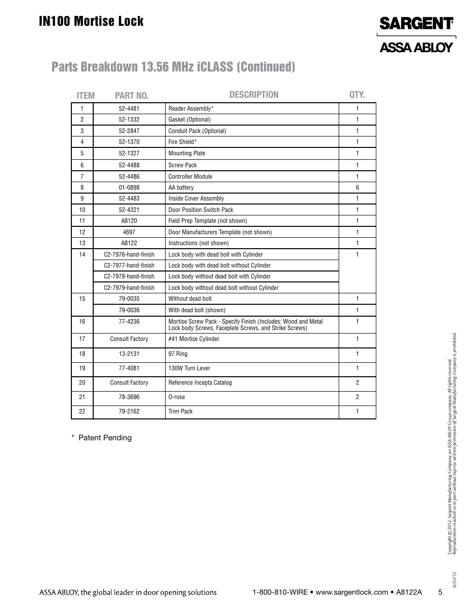 In100 mortise lock, Parts breakdown 13.56 mhz iclass (continued), Item part no. description qty | SARGENT IN100 Mortise Locks User Manual | Page 5 / 20