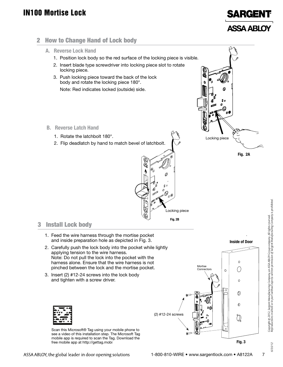 In100 mortise lock, 2 how to change hand of lock body, 3 install lock body | A. reverse lock hand, B. reverse latch hand | SARGENT IN100 Mortise Locks User Manual | Page 7 / 20