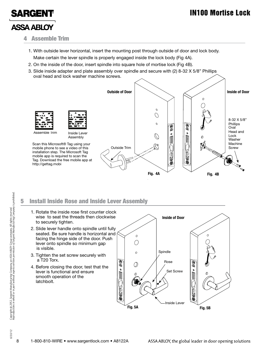 In100 mortise lock, 4 assemble trim, 5 install inside rose and inside lever assembly | SARGENT IN100 Mortise Locks User Manual | Page 8 / 20