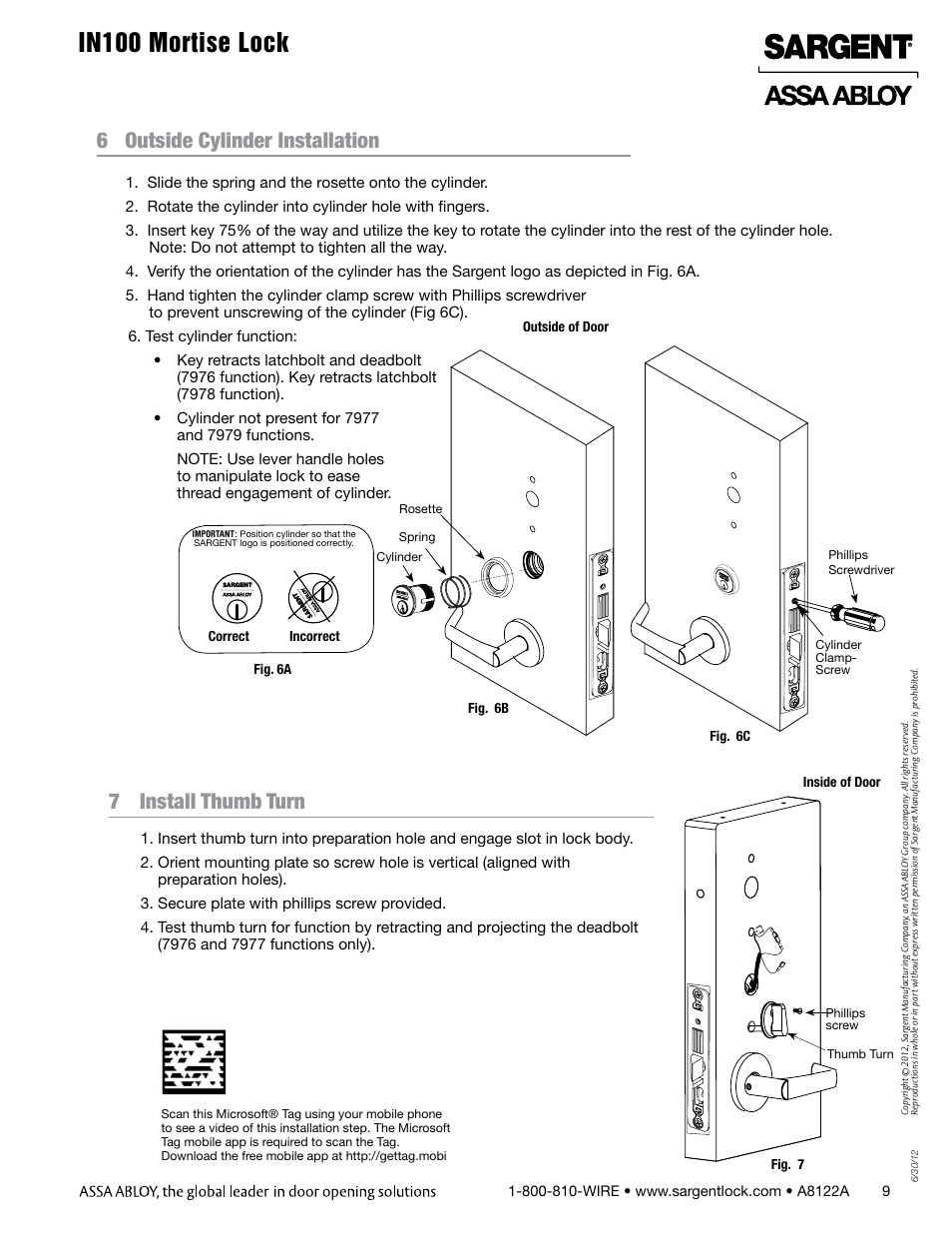 In100 mortise lock | SARGENT IN100 Mortise Locks User Manual | Page 9 / 20