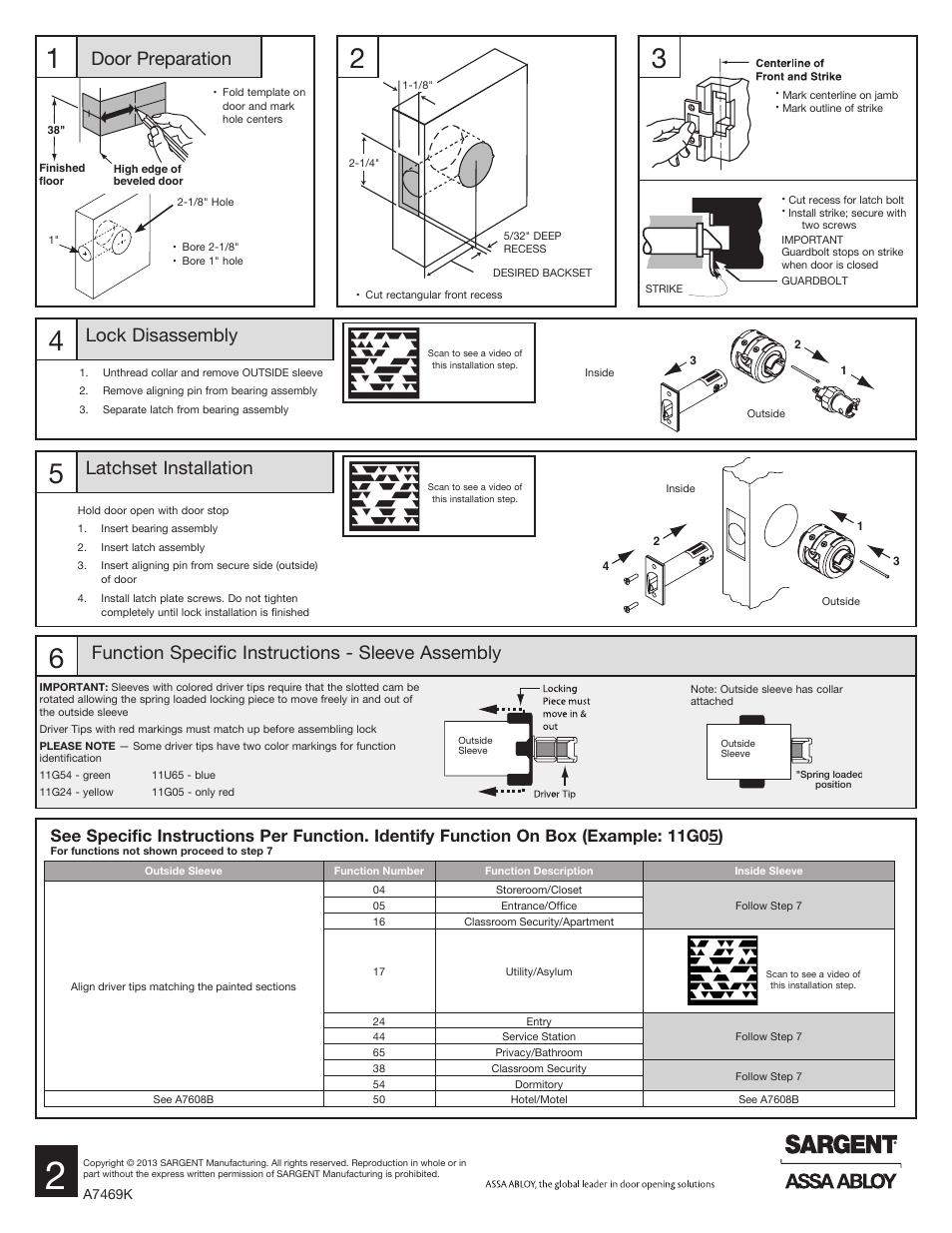 Door preparation, Function specific instructions - sleeve assembly, Lock disassembly | Latchset installation | SARGENT 11 Line Lever Lock User Manual | Page 2 / 4