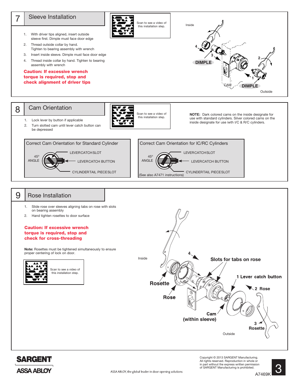 Cam orientation sleeve installation, Rose installation, Rosette | SARGENT 11 Line Lever Lock User Manual | Page 3 / 4