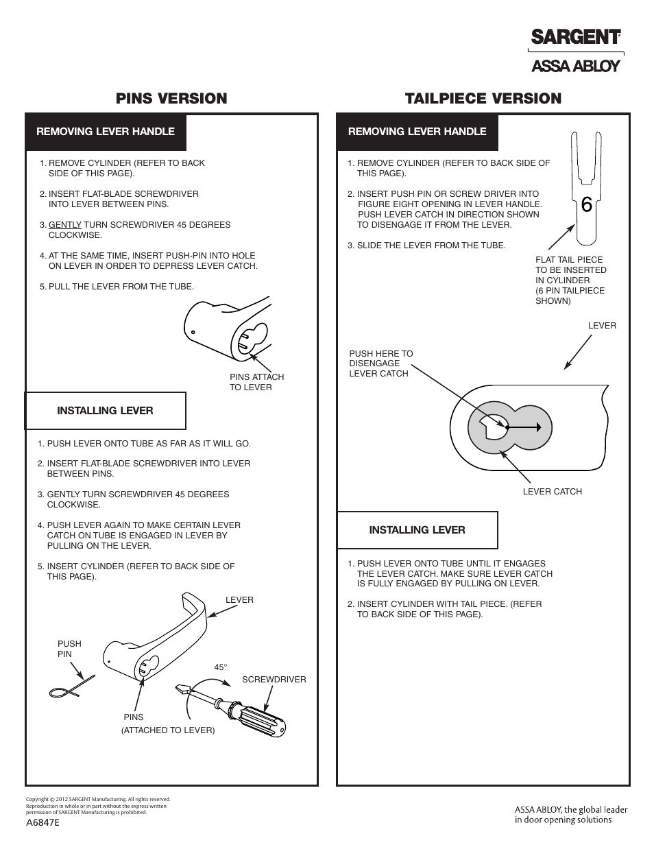 Pins version tailpiece version | SARGENT 7 Line User Manual | Page 2 / 2