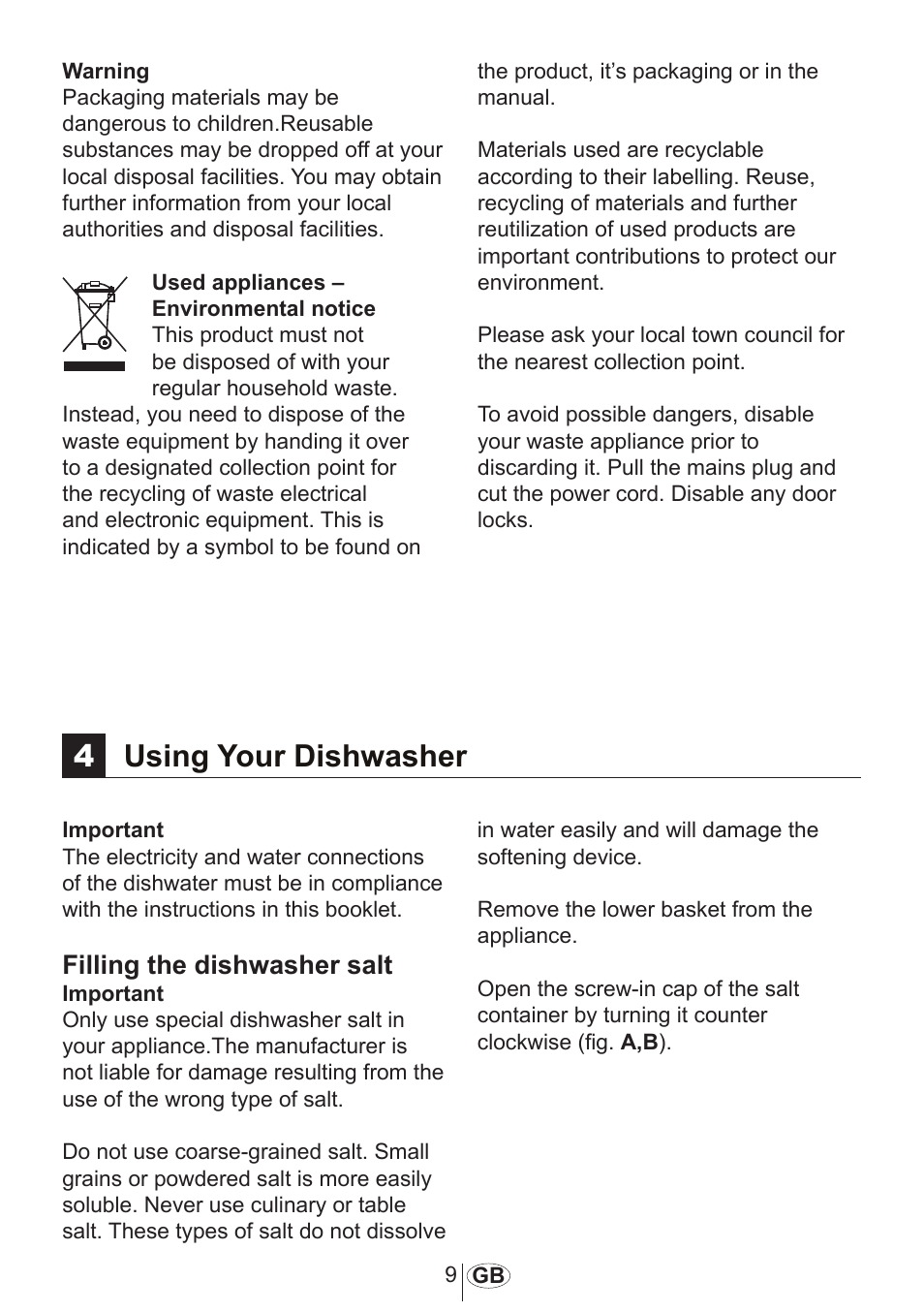 4using your dishwasher, Filling the dishwasher salt | Beko D 5001 EM User Manual | Page 10 / 38