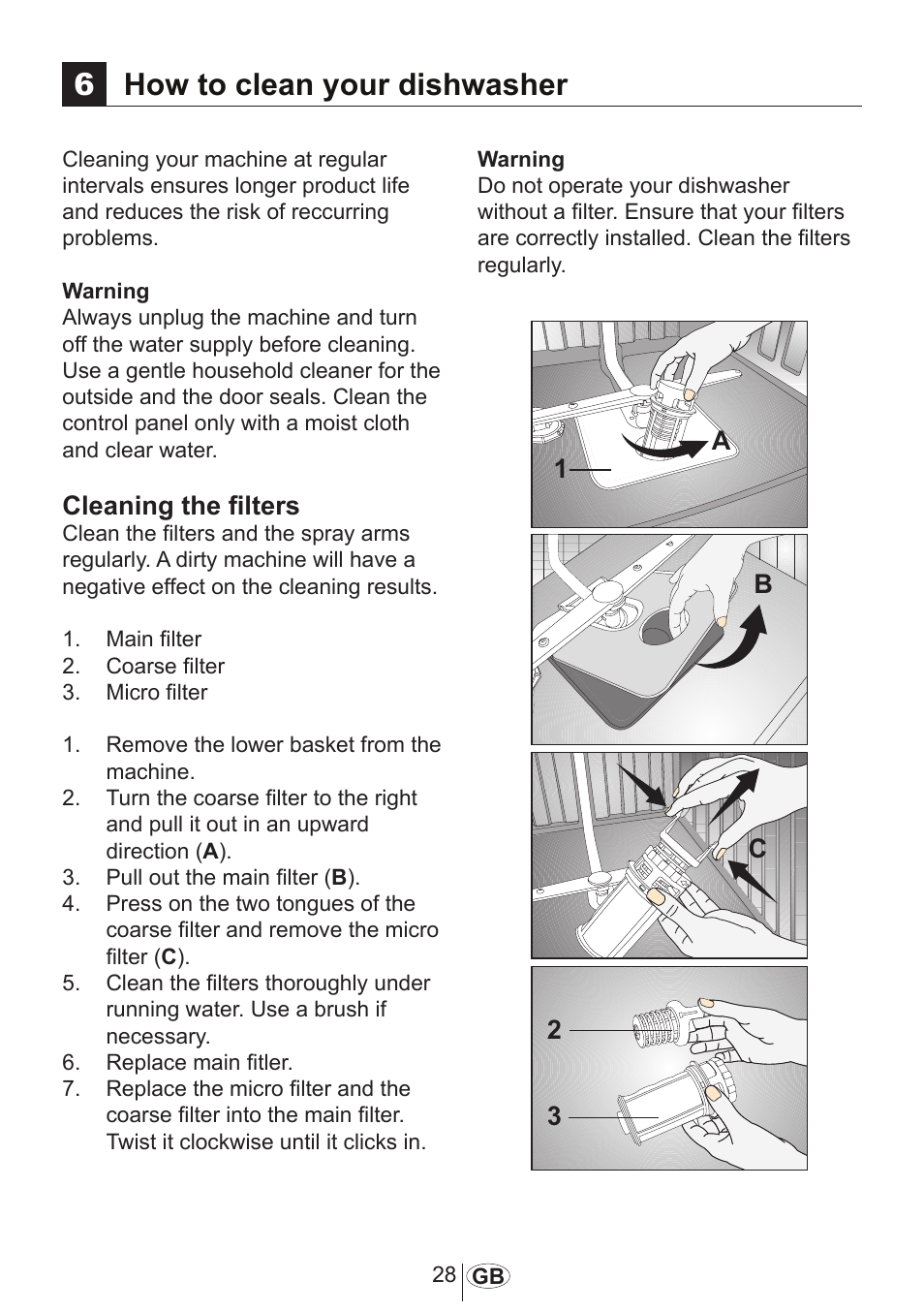 6how to clean your dishwasher, Cleaning the filters | Beko D 5001 EM User Manual | Page 29 / 38