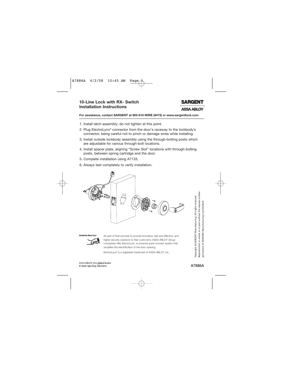 SARGENT 10 Line Cylindrical Lock User Manual | 1 page