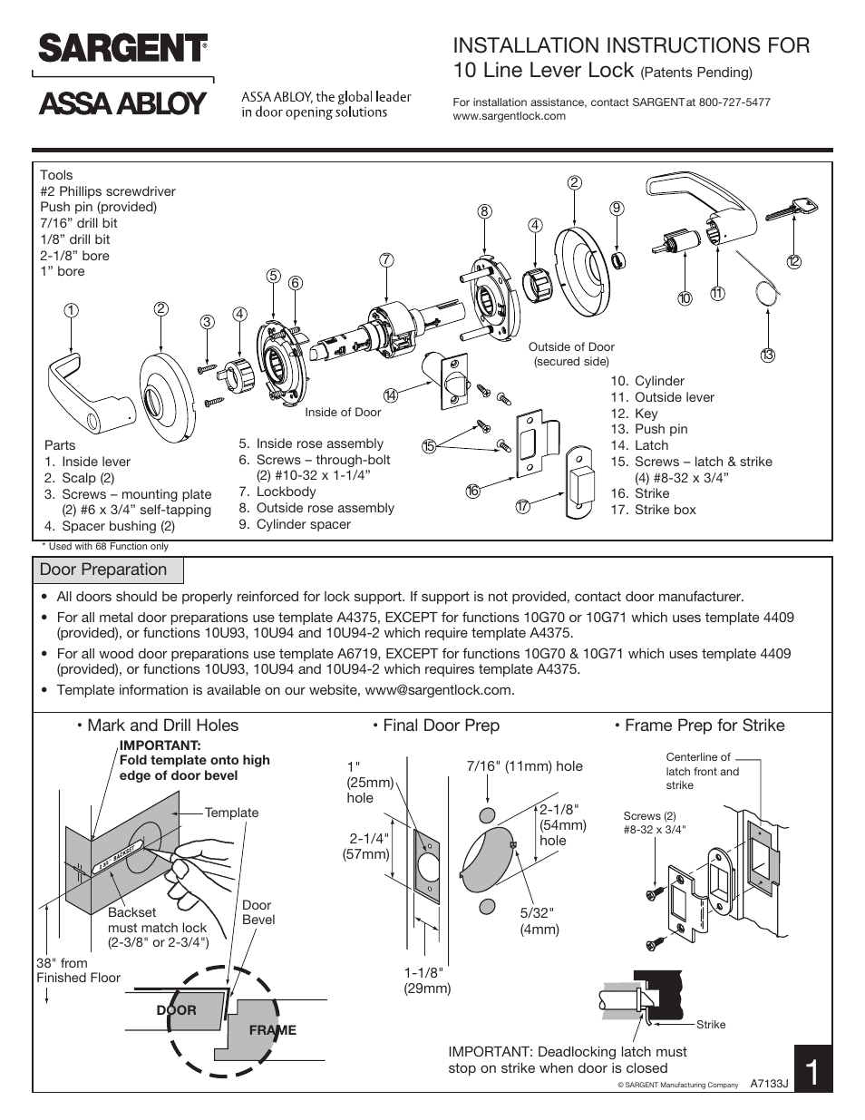 SARGENT 10 Line Cylindrical Lock User Manual | 4 pages