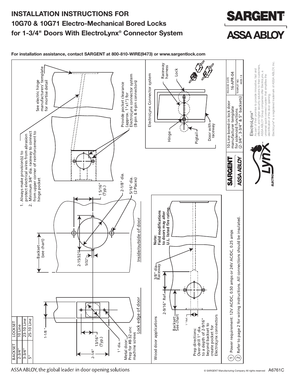 SARGENT 10 Line Cylindrical Lock User Manual | 2 pages