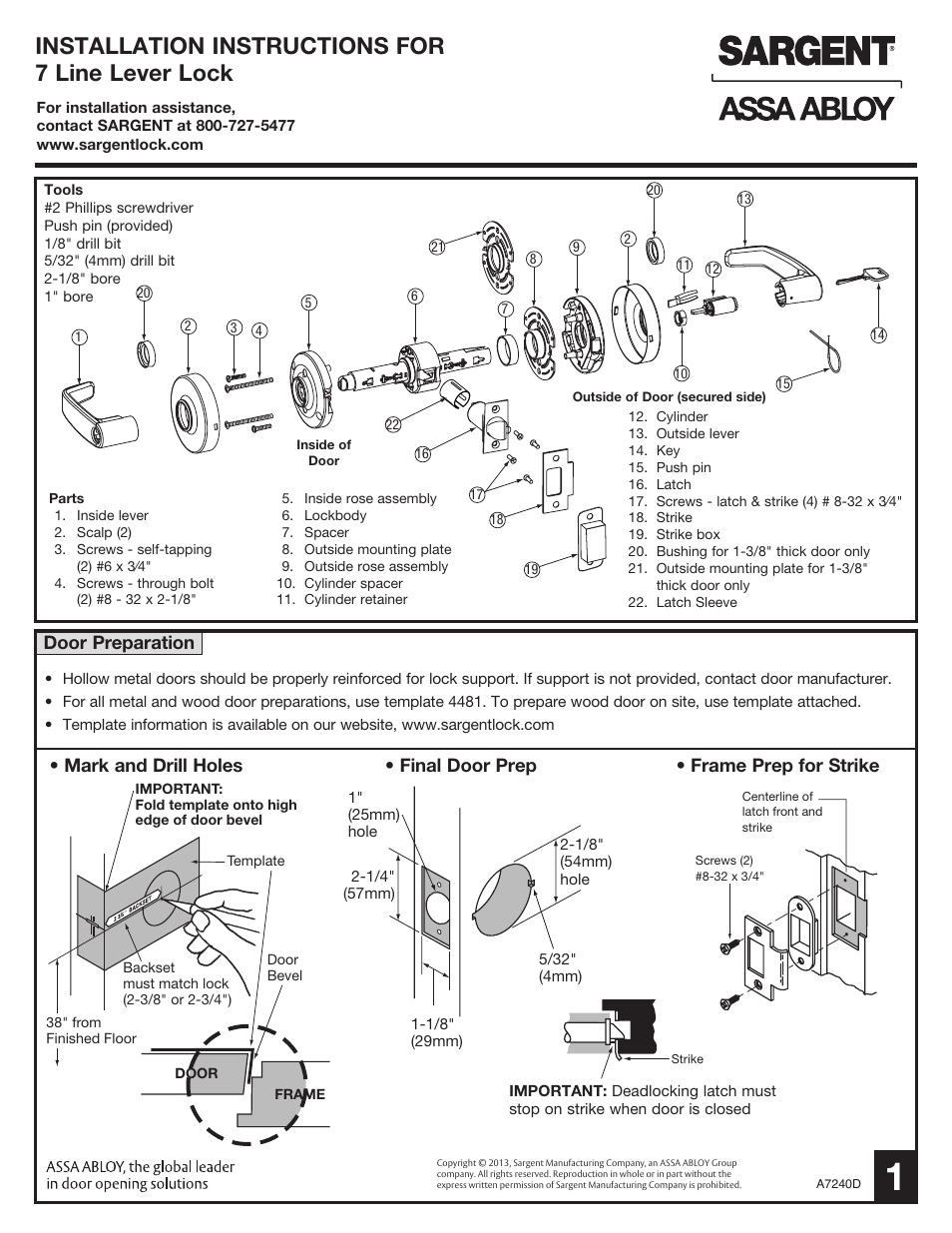 SARGENT 7 Line User Manual | 4 pages