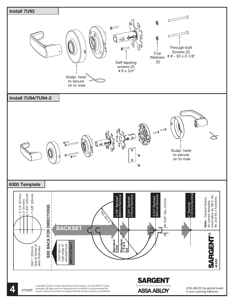 Backset, Install 7u93, 6305 template | SARGENT 7 Line User Manual | Page 4 / 4