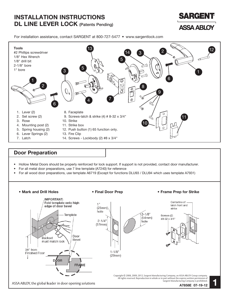 SARGENT DL Series Tubular Lock User Manual | 3 pages