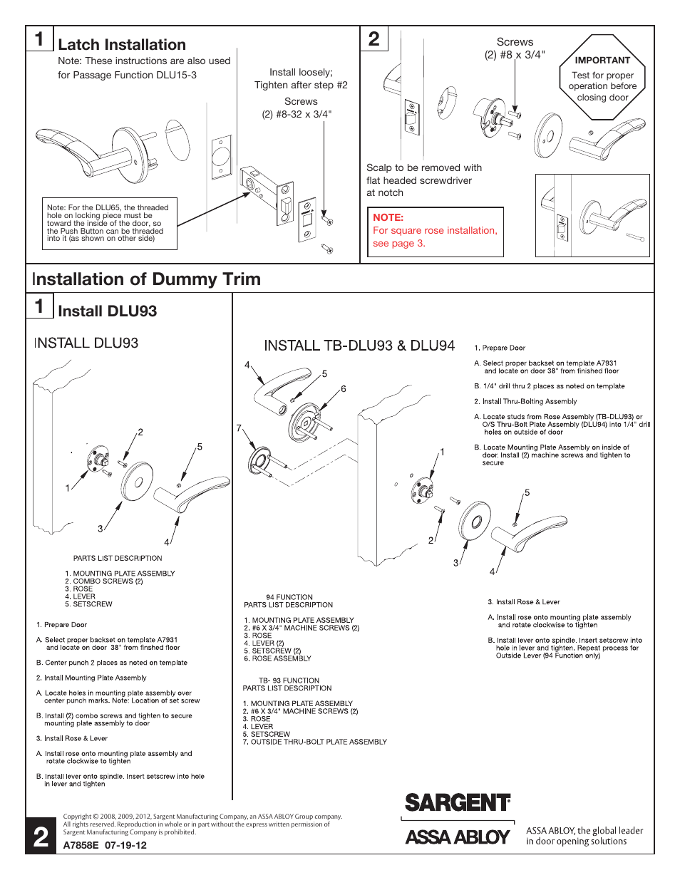 Installation of dummy trim, Install dlu93, Latch installation | SARGENT DL Series Tubular Lock User Manual | Page 2 / 3