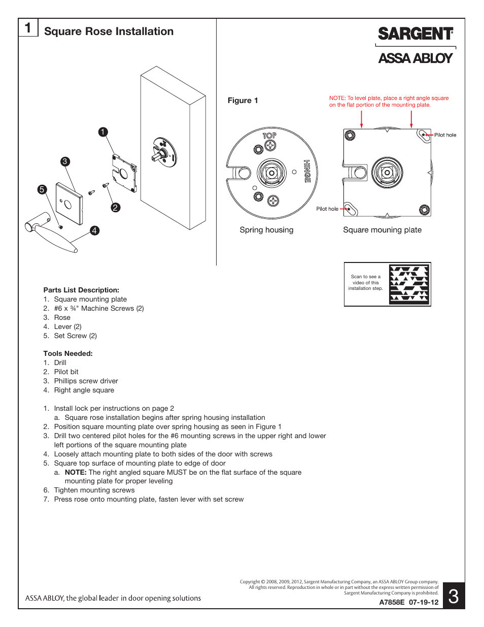 Square rose installation | SARGENT DL Series Tubular Lock User Manual | Page 3 / 3