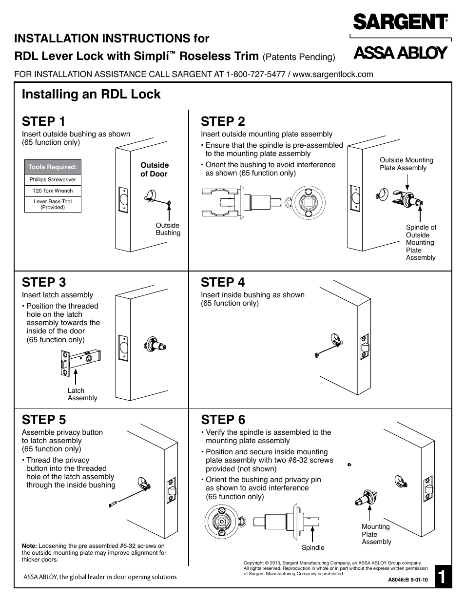 SARGENT RDL Tubular Lock with Simpli Roseless Trim User Manual | 2 pages