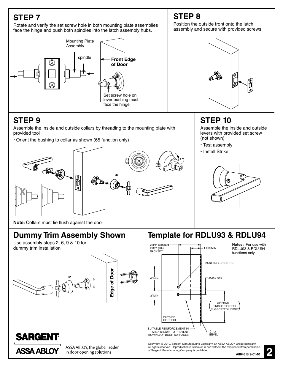 Step 7, Step 8, Step 9 | Step 10, Dummy trim assembly shown, Template for rdlu93 & rdlu94 | SARGENT RDL Tubular Lock with Simpli Roseless Trim User Manual | Page 2 / 2