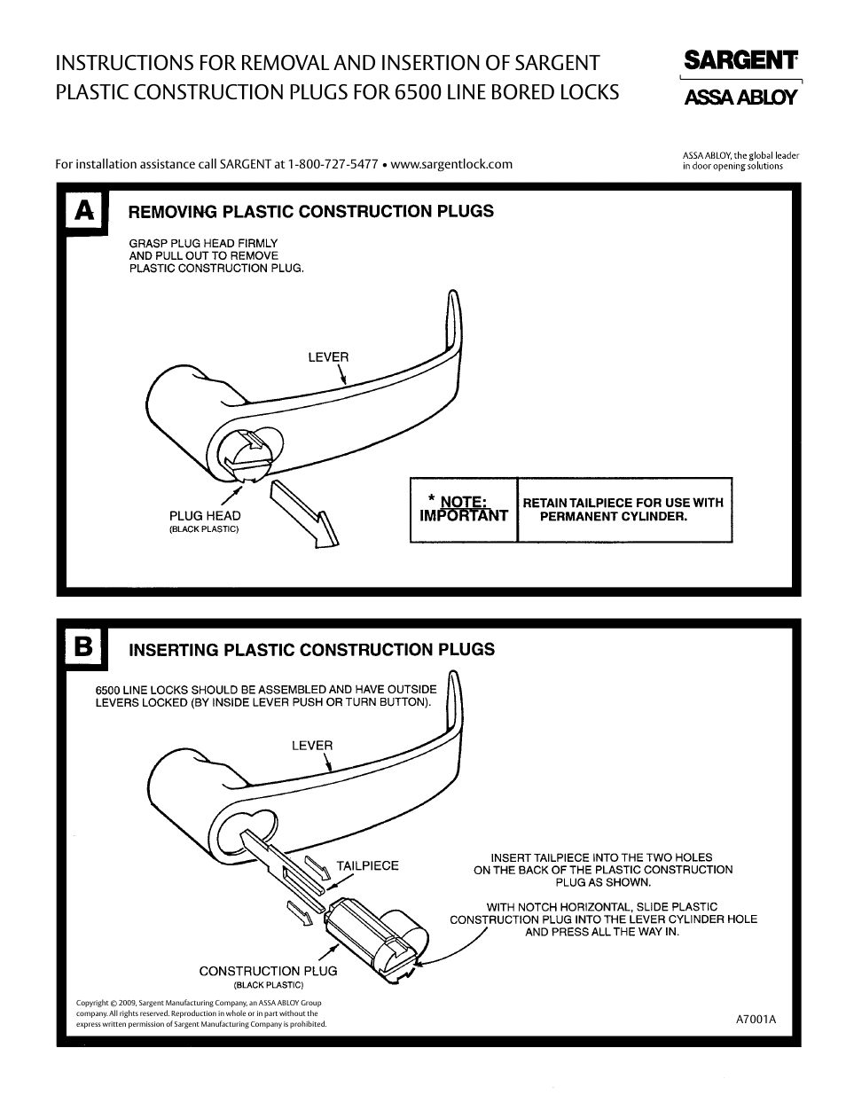 SARGENT 6500 Line User Manual | 2 pages