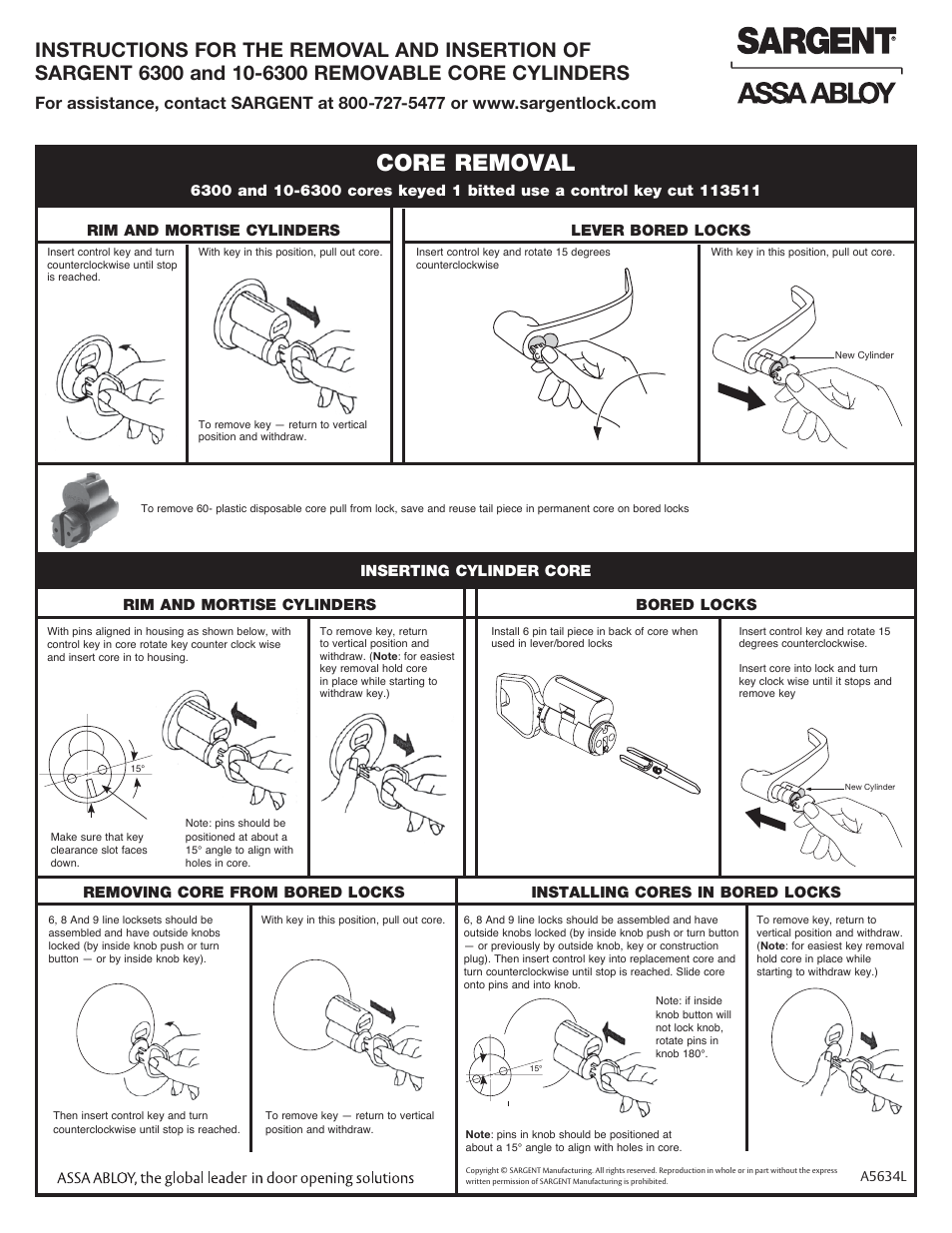 Core removal, Rim and mortise cylinders bored locks, Inserting cylinder core | SARGENT 7800 Knob Locks User Manual | Page 2 / 2