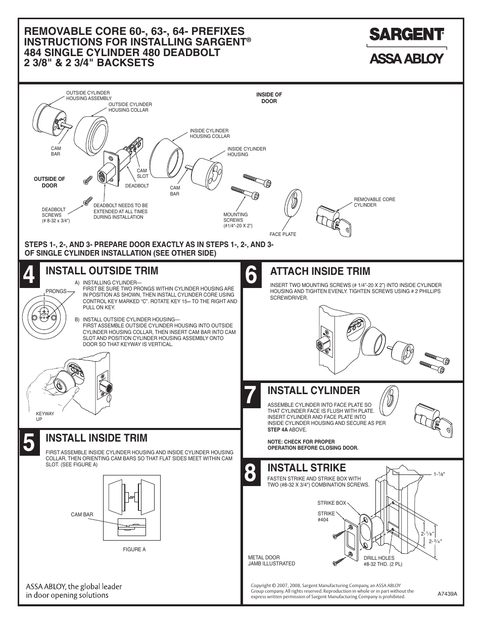 Install outside trim, Install inside trim, Attach inside trim | Install cylinder, Install strike, Instructions for installing sargent | SARGENT 480 Series User Manual | Page 2 / 2