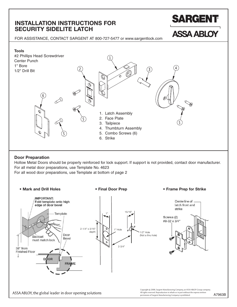 SARGENT SSL1 Security SideLite Spring Latch User Manual | 2 pages