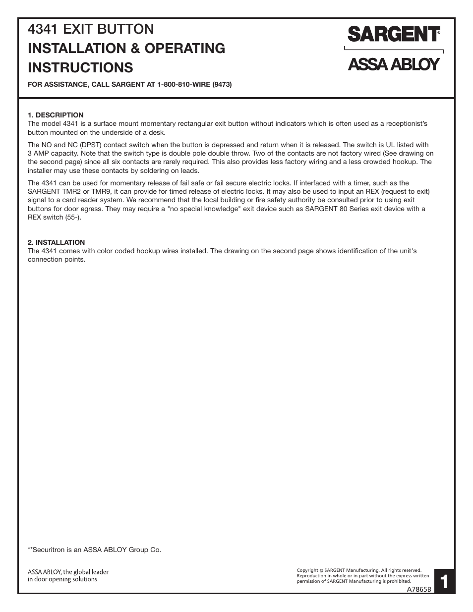 SARGENT Wall & Frame Switch User Manual | 2 pages